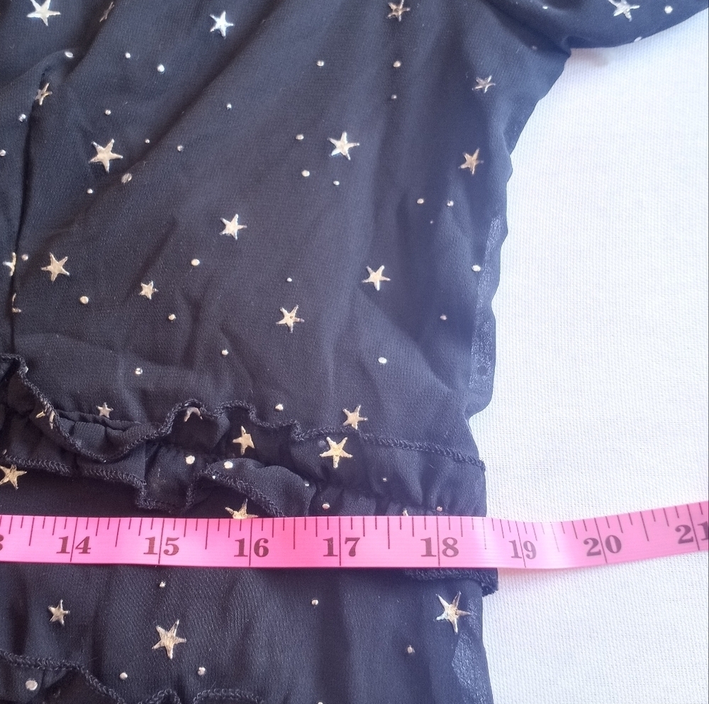 Whimsigoth Sheer Black Silver Star Ruffled Deep V Festive Holiday Dress XL - Picture 10 of 11